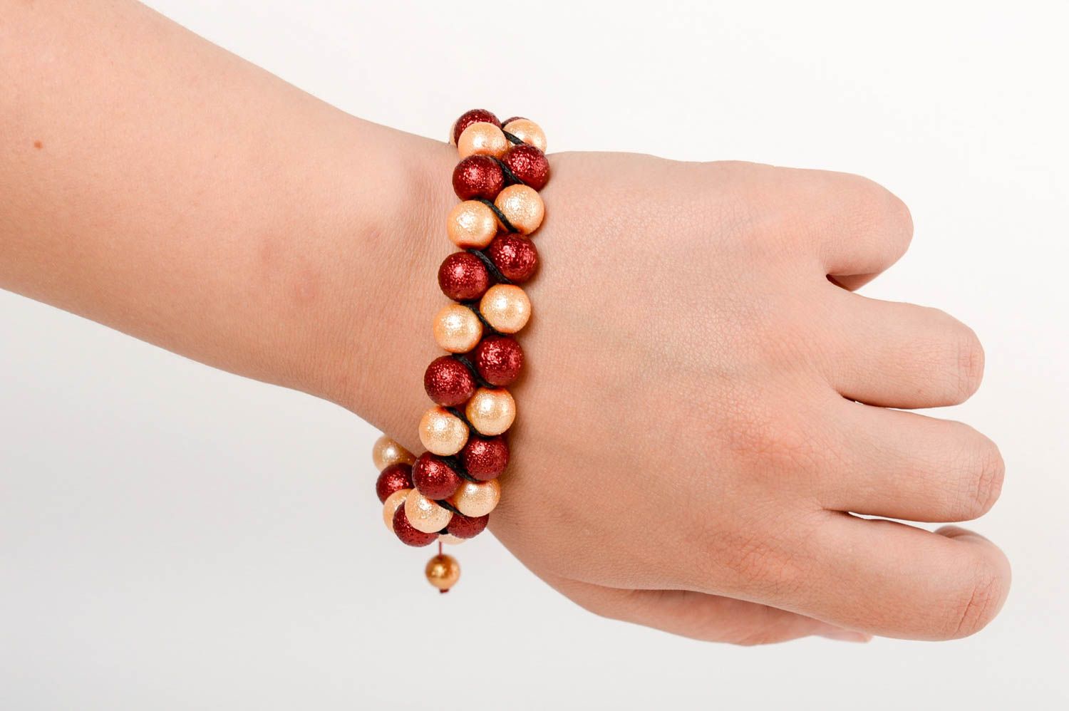 Bracelet 2 rangs tressé en macramé perles céramiques fait main rouge beige photo 5