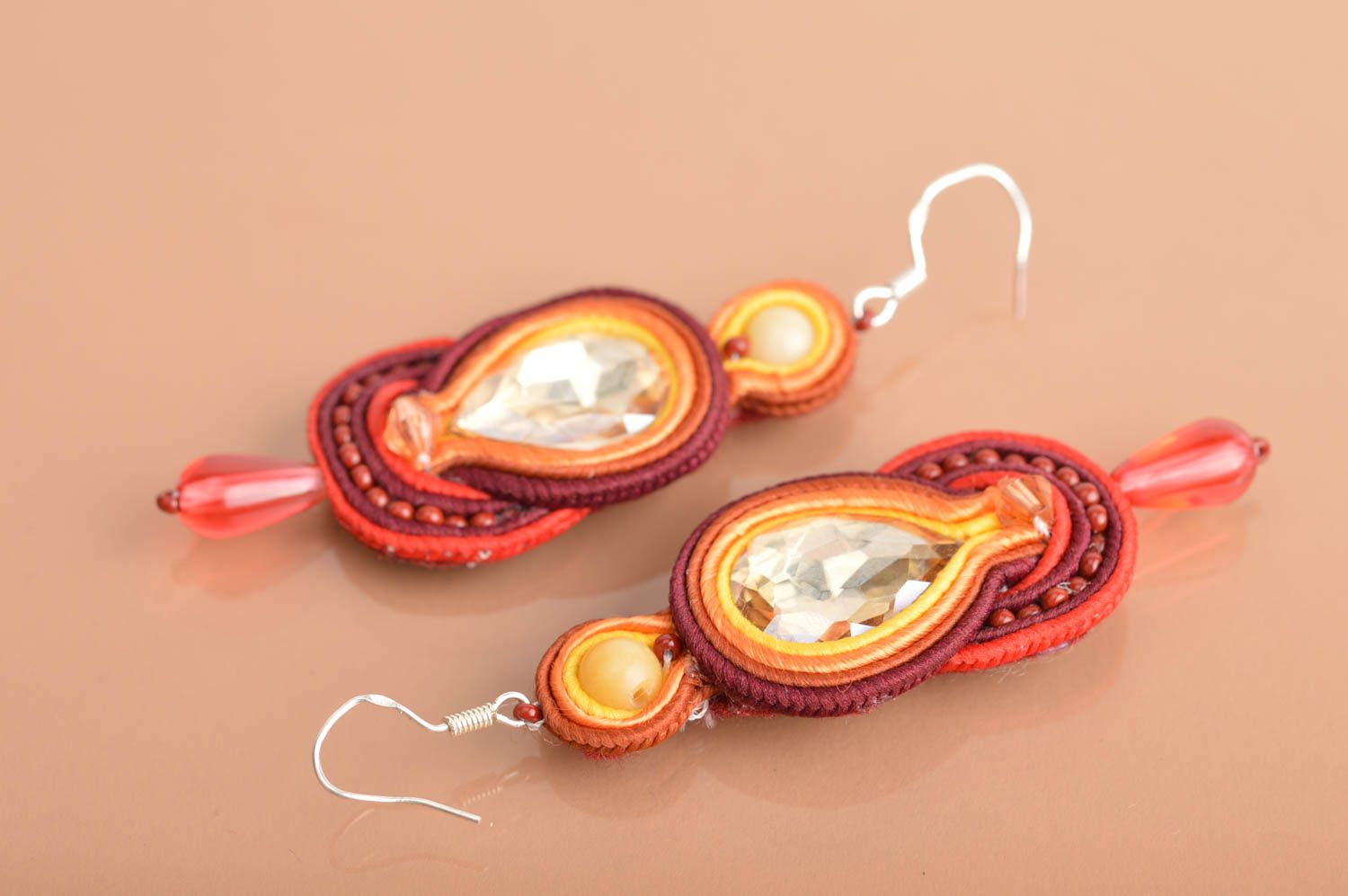 Beautiful women's handmade large dangle soutache earrings of claret color photo 5
