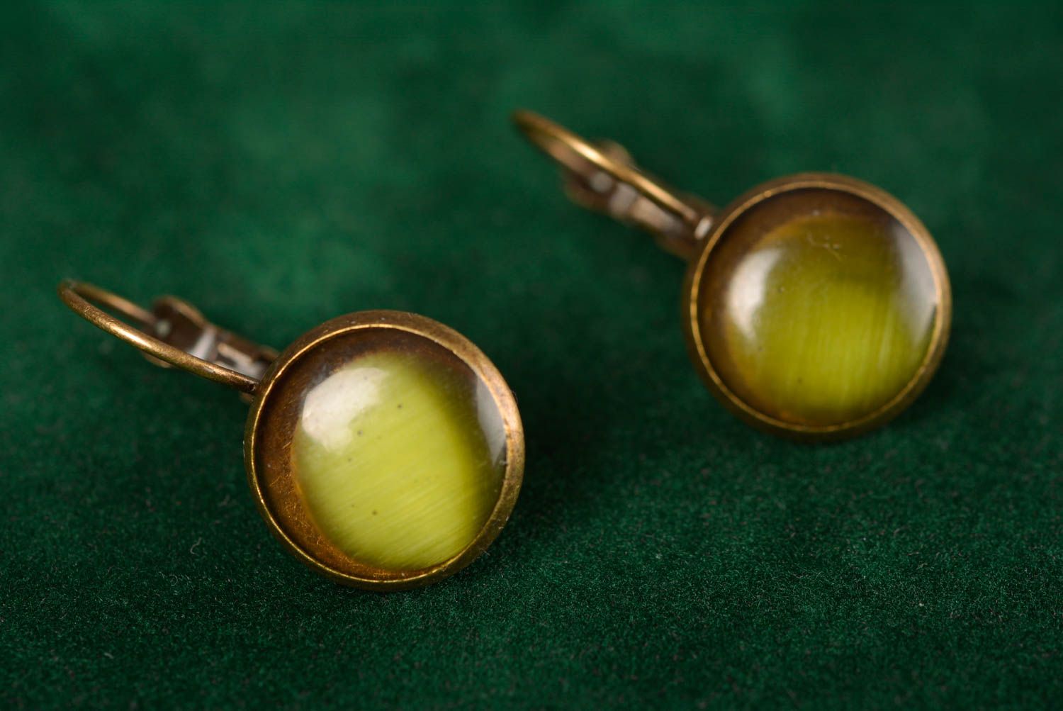 Small earrings made of metal and natural cat's eye stone handmade accessory photo 3