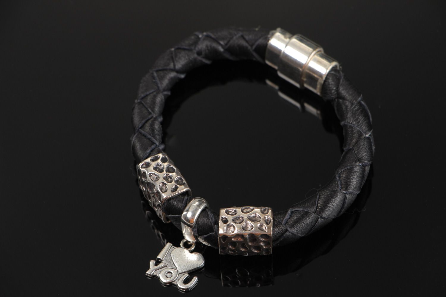 Thin handmade woven genuine leather wrist bracelet with metal charm unisex photo 1