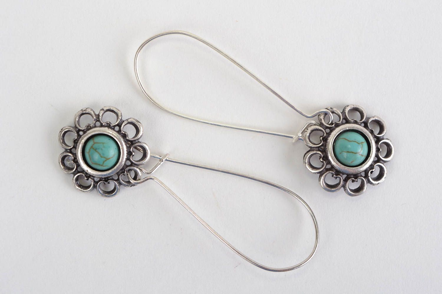 Handmade stylish long designer metal dangling earrings with turquoise stone photo 2