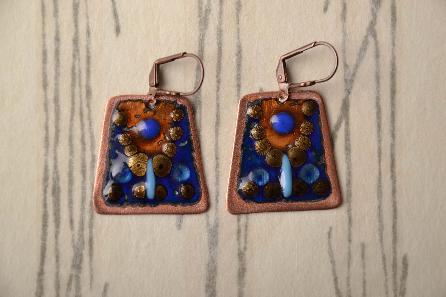 Enamel painted copper earrings of unusual shape photo 1