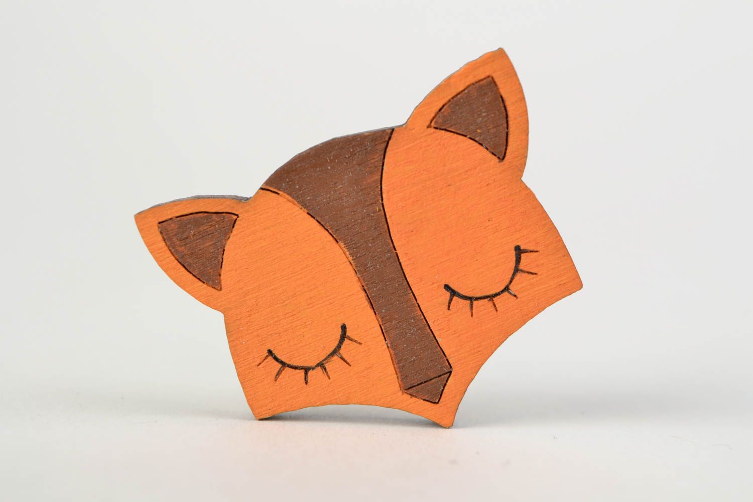 Beautiful handmade painted wooden children's brooch in the shape of fox head photo 1