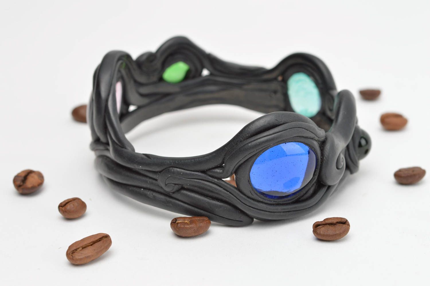 Schwarzes Armband aus Polymer Ton mit Glas handmade Schmuck für Frauen  foto 5