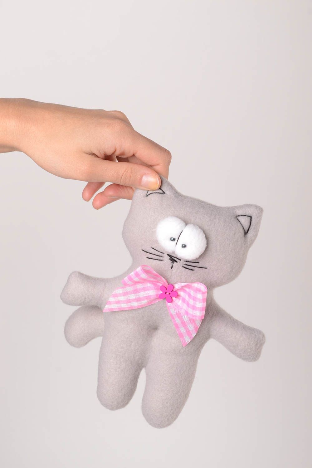Handmade baby toy fleece handmade toy soft toy grey cat with bow toy for kids photo 2