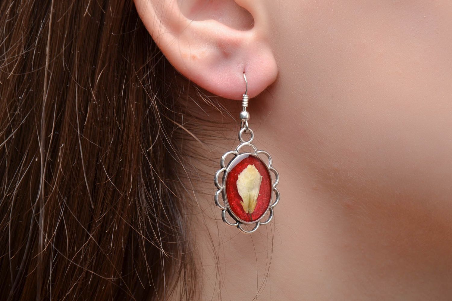 Red earrings with natural flowers and epoxy resin photo 2