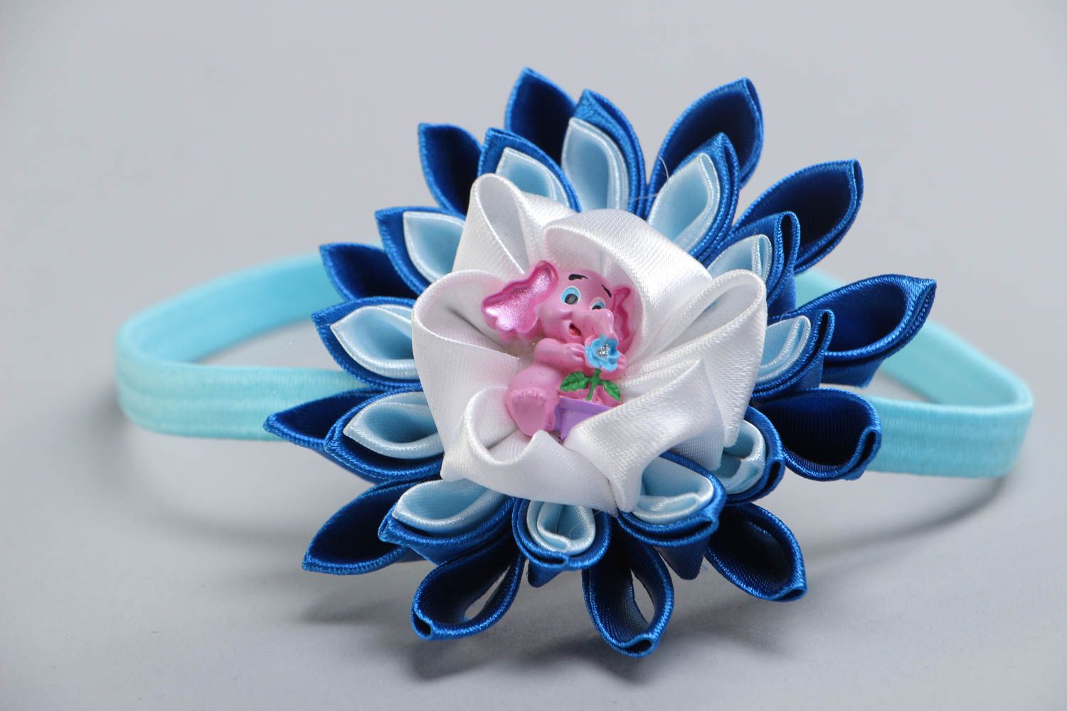 Bandeau à cheveux avec fleur et petit éléphant bleu technique kanzashi fait main photo 2
