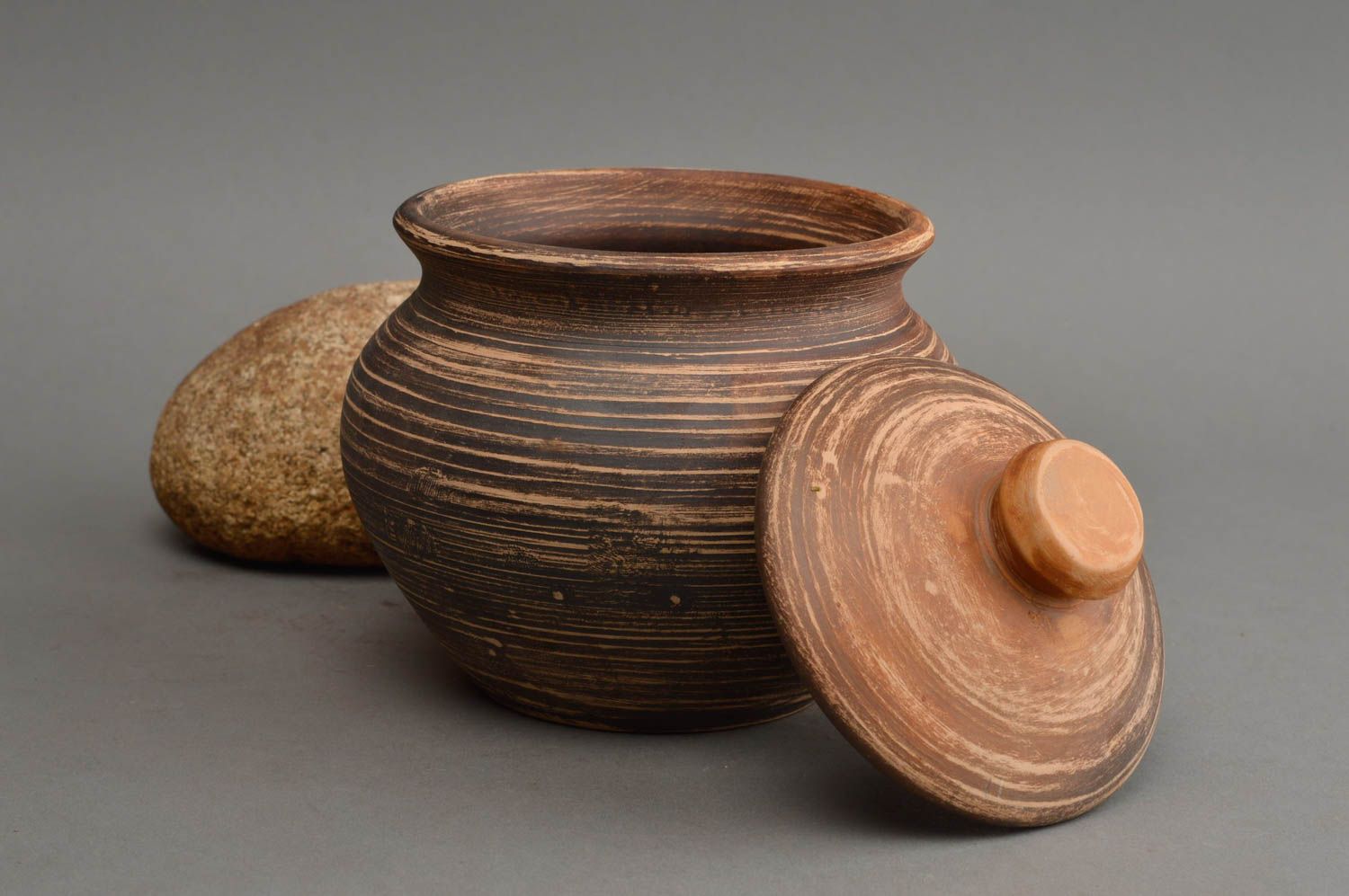 Unusual small handmade designer ceramic pot for baking with lid 500 ml photo 1