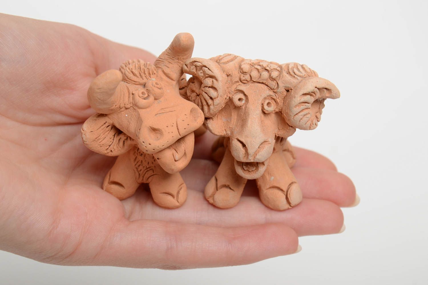 Set of two handmade clay cow and lamb figurines for decoration photo 5