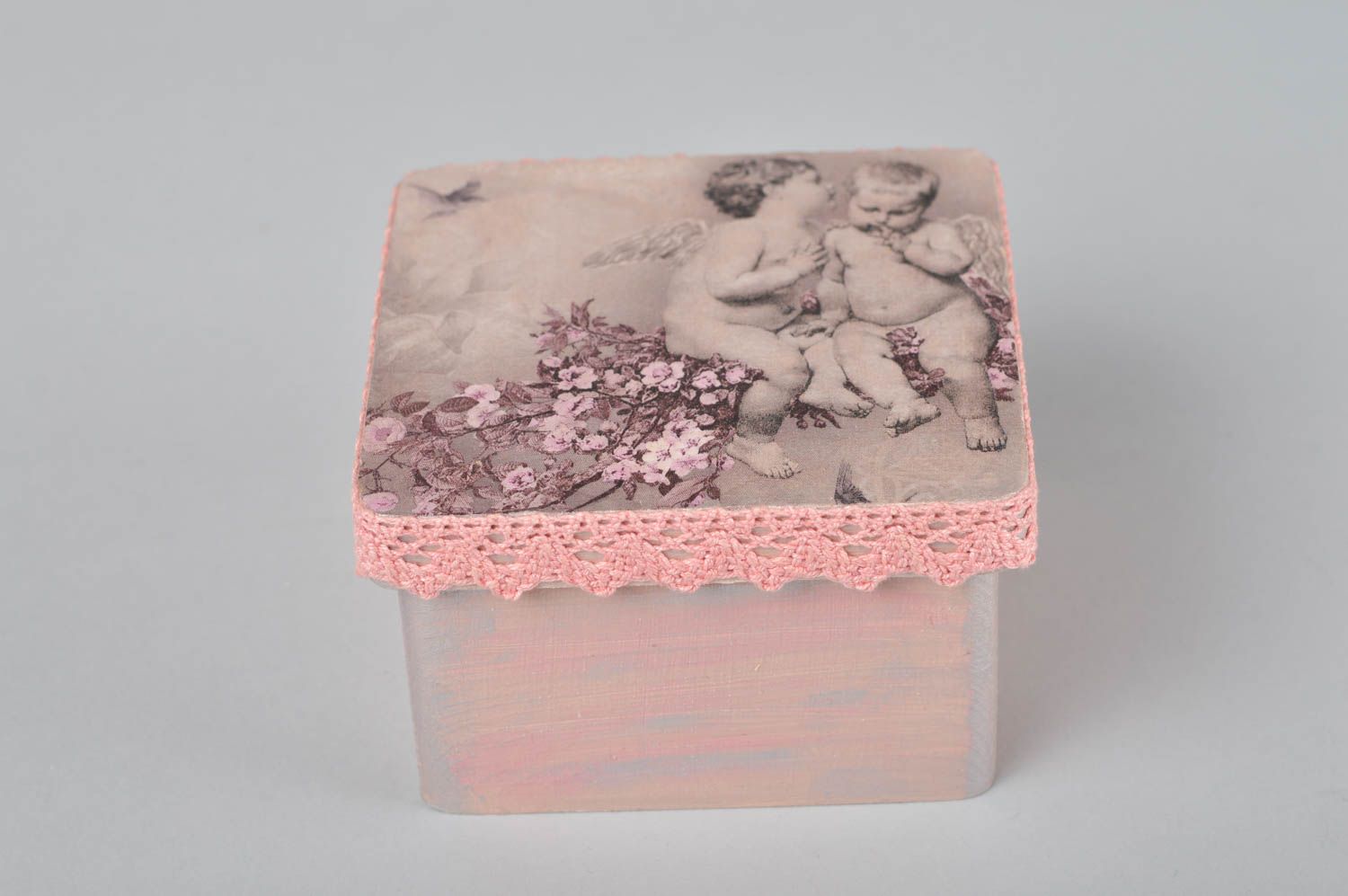 Handmade Schatulle aus Holz Vintage Deko Idee Geschenk für Frau quadratisch rosa foto 2