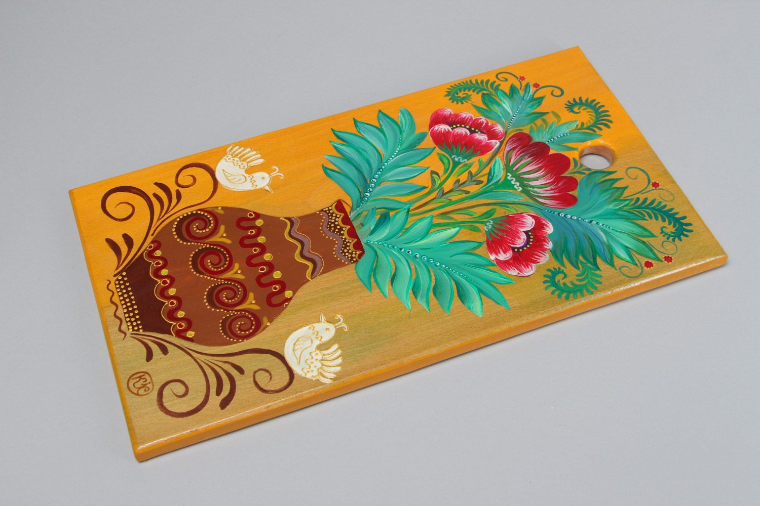 Petite planche à découper décorative en bois peinte jaune faite main originale photo 2
