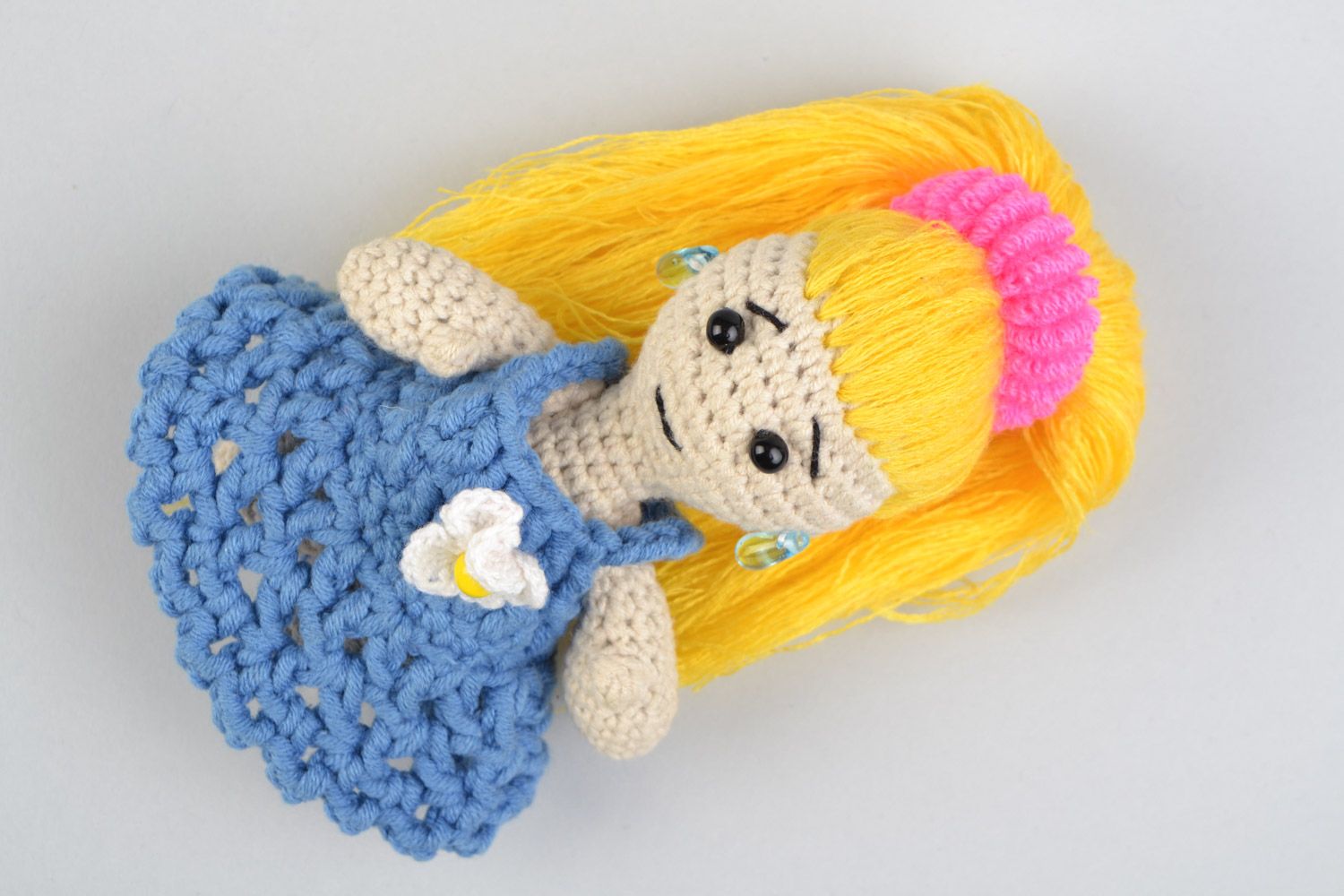 Handmade soft toy crocheted of cotton and acrylic threads Girl with long hair photo 3