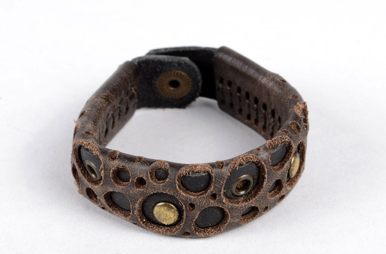 Bracelet cuir marron et noir Bijou fait main design de créateur Cadeau insolite photo 1