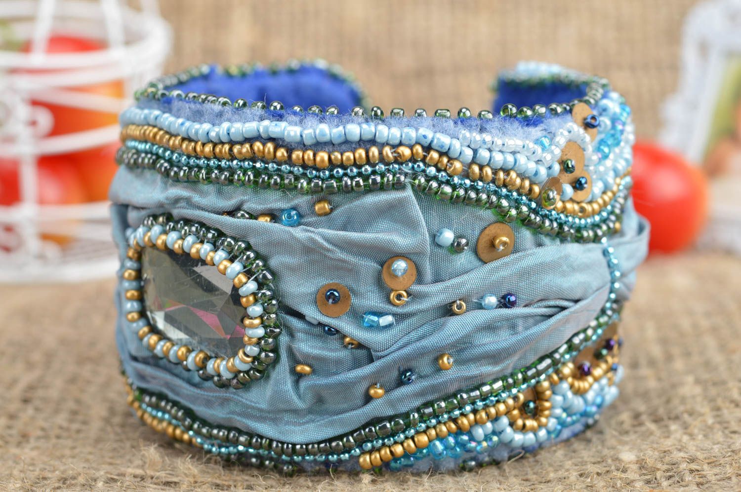 Handmade fabric massive bracelet in blue color decorated with beads photo 1