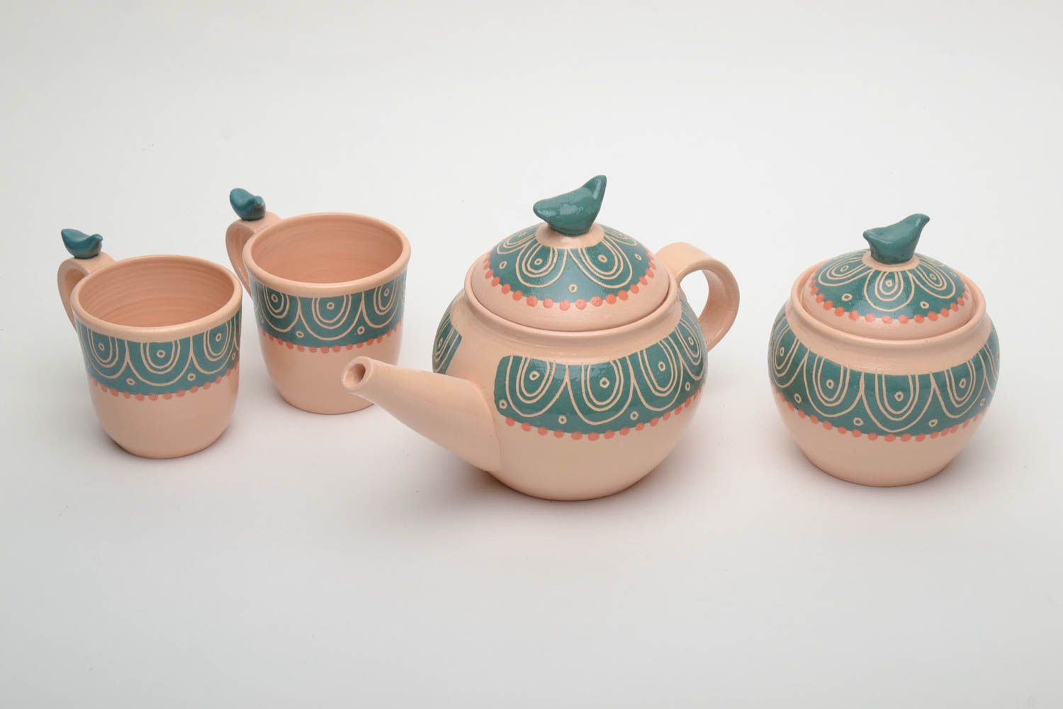 Keramik Geschirr Set Zuckerdose Teekanne und zwei Tassen foto 2