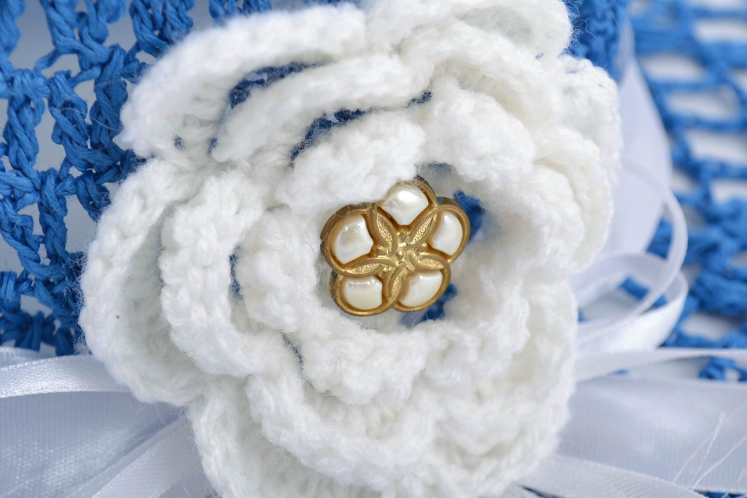 Handmade designer crocheted lacy summer hat blue and white for women photo 2