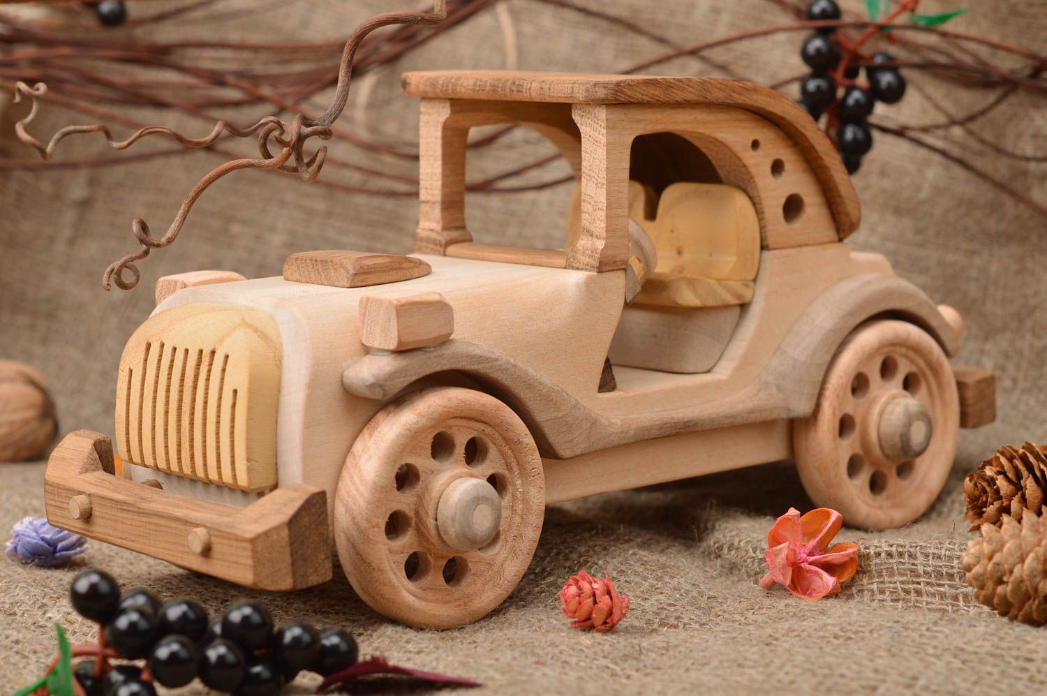 Handmade designer collectible wooden toy Retro Car interior decor photo 1