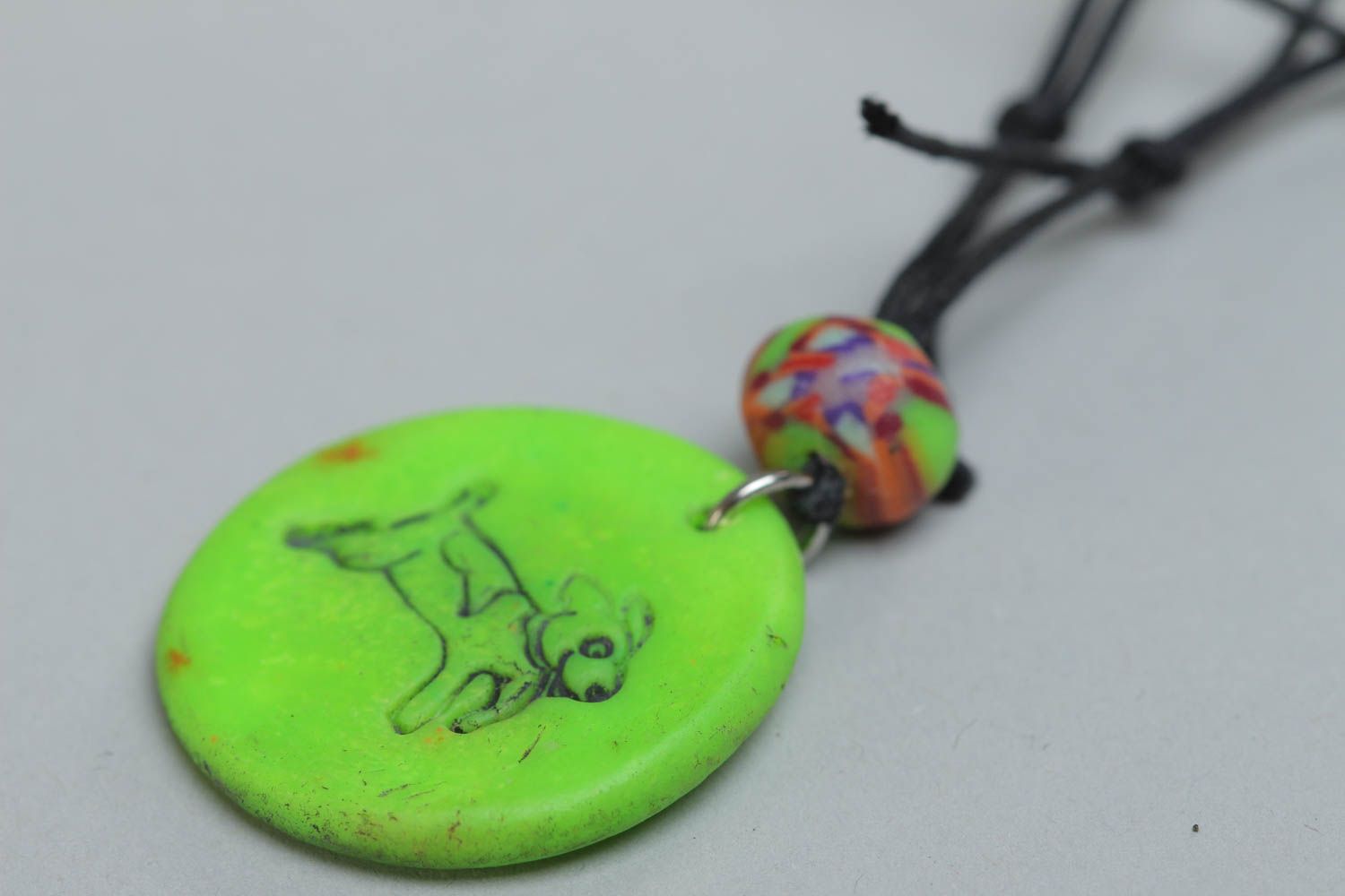 Handmade bright polymer clay pendant Cat unusual accessory on long cord photo 4
