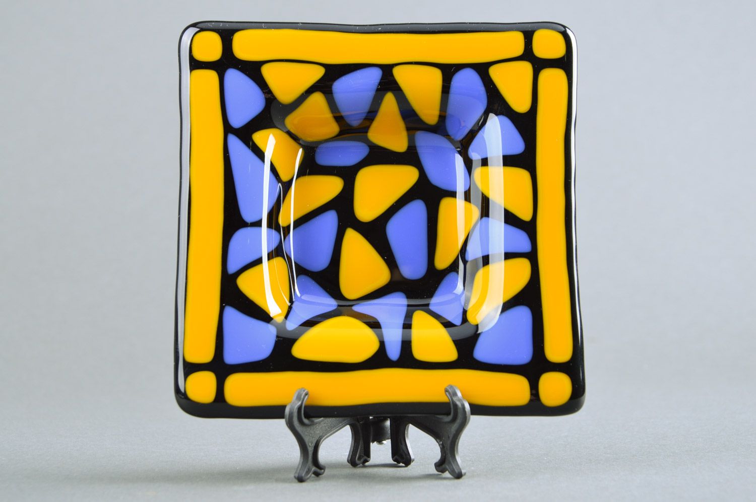 Handmade fused glass decorative square ashtray in yellow and blue colors  photo 2