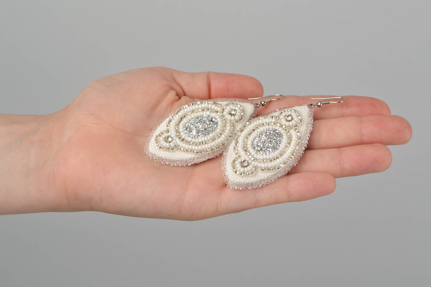 Designer handmade long beaded beautiful earrings white with gold  photo 2