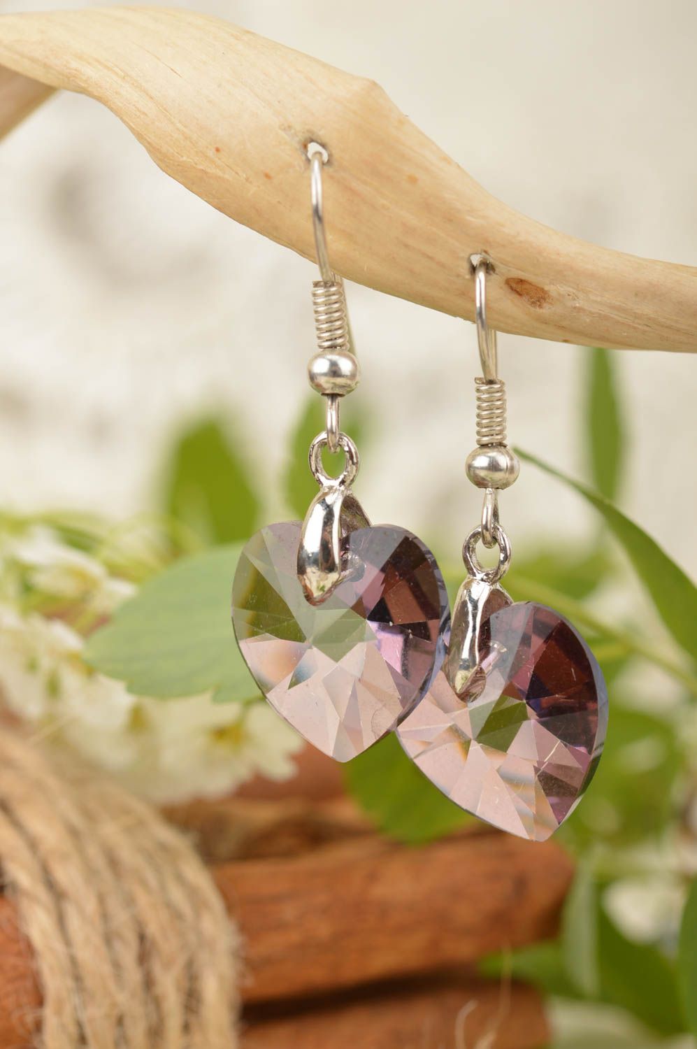 Long handmade earrings in shape of hearts with Austrian stones for girls photo 1