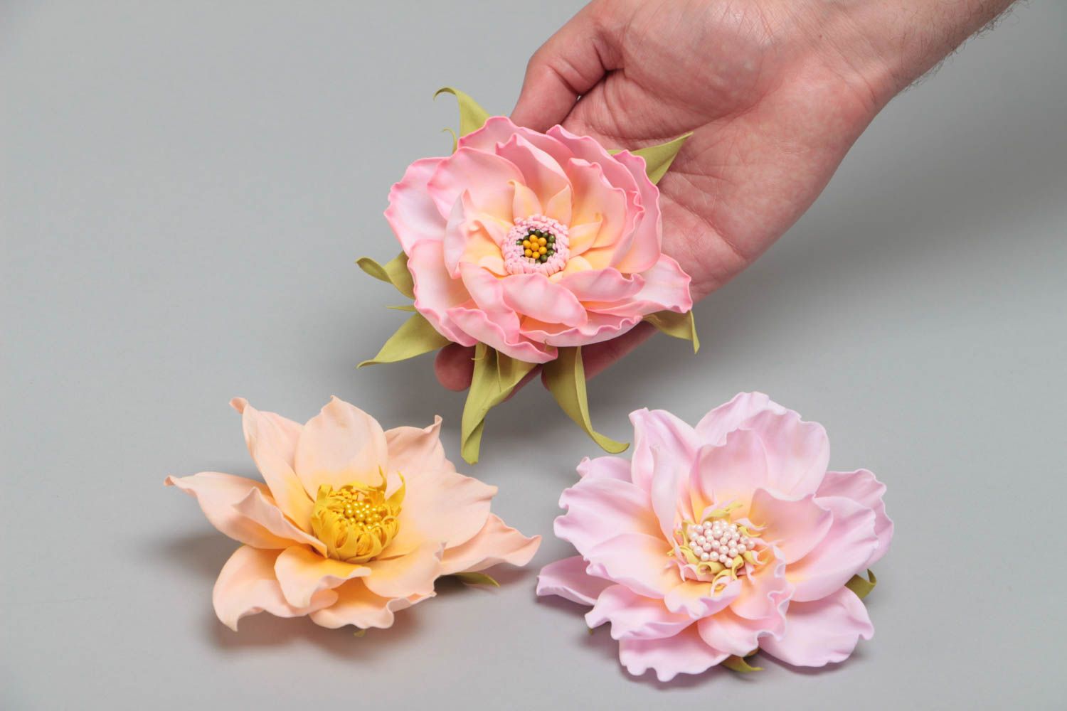 Set of 3 handmade decorative hair clips brooches with tender foamiran flowers photo 5