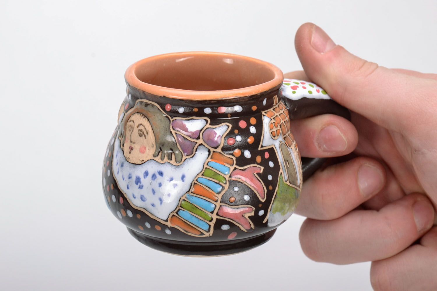 Handmade clay glazed cup with painting Geese and Swans, 6 oz and handle photo 5