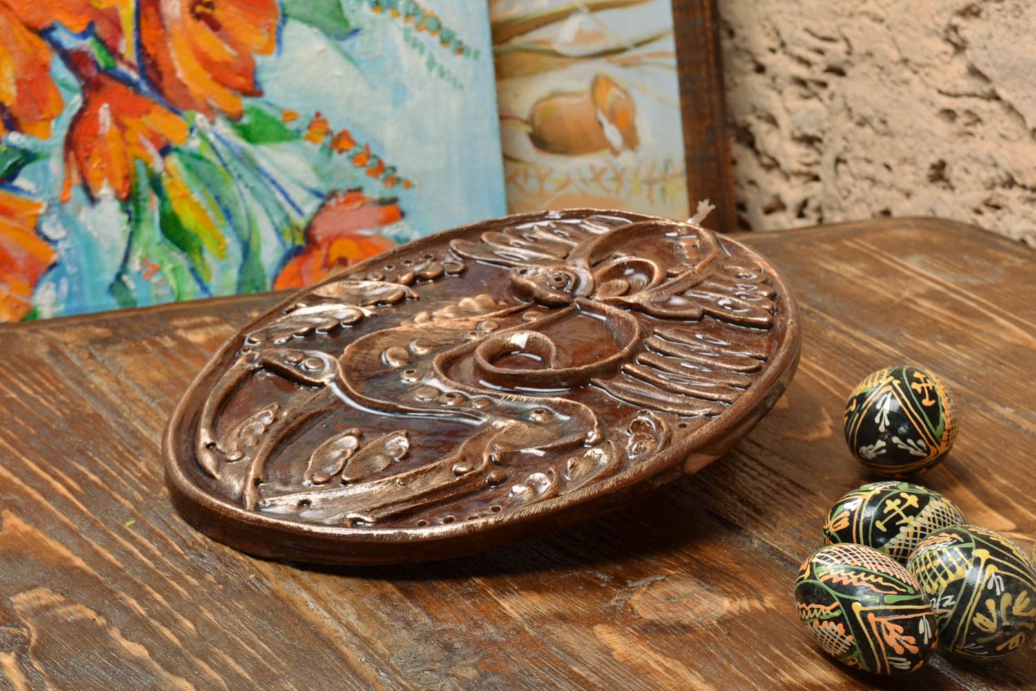 Панно из глины покрытое глазурью ручной работы круглое с оленем красивое  фото 1