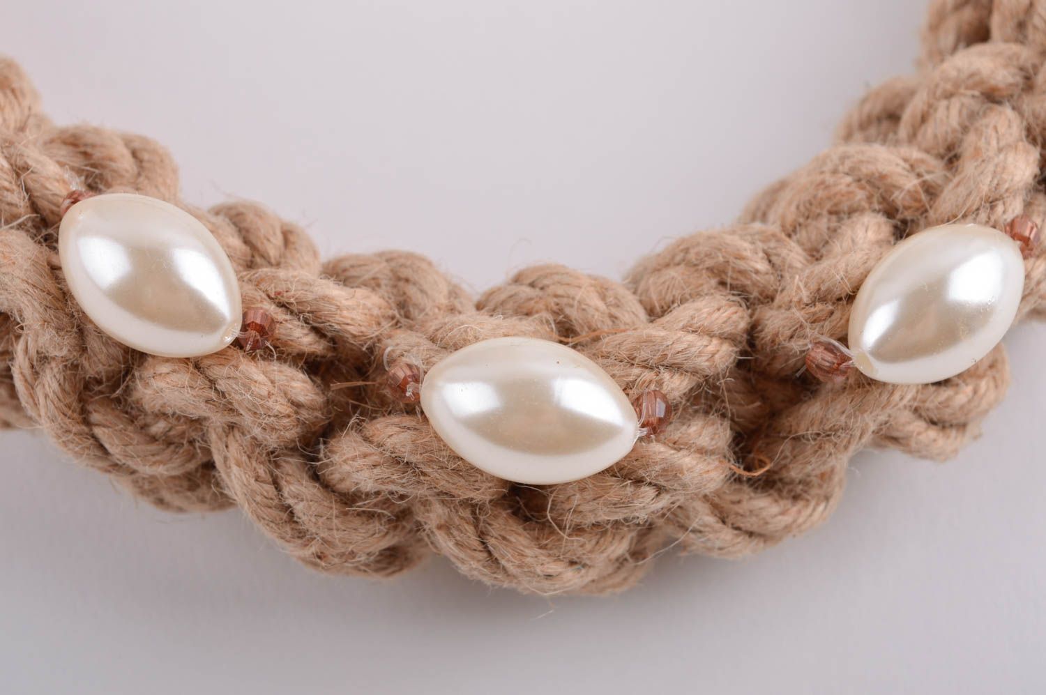 Necklace with artificial pearls handmade cord necklace leather accessories photo 3