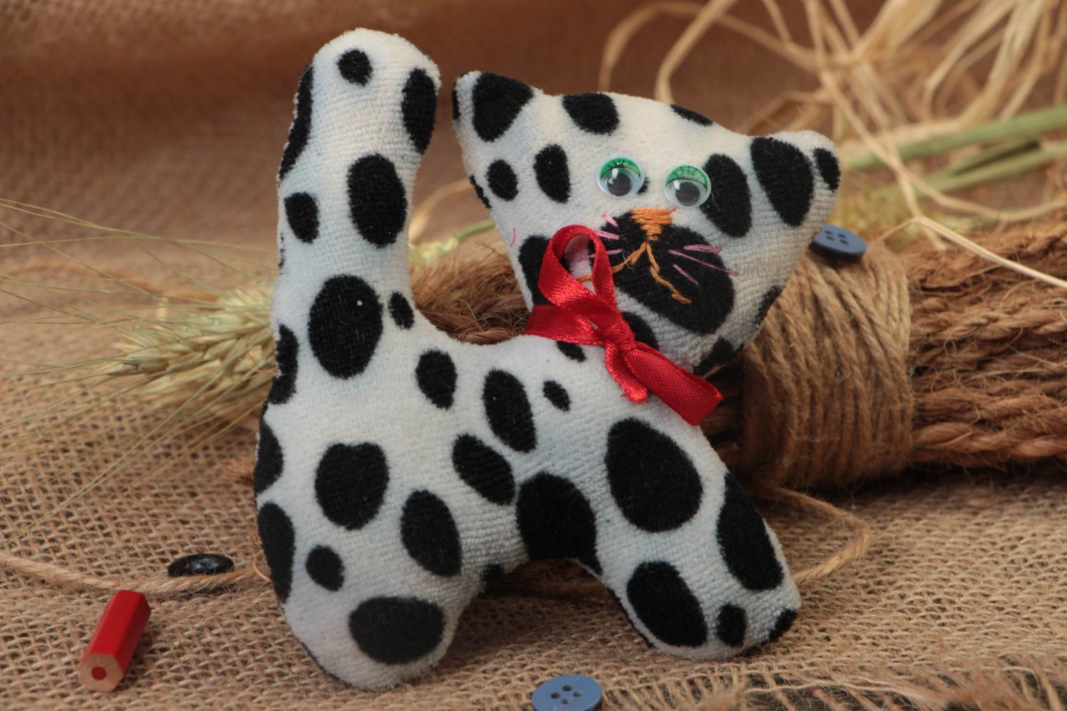 Handmade designer fleece soft toy black and white kitten with red bow for kids photo 1