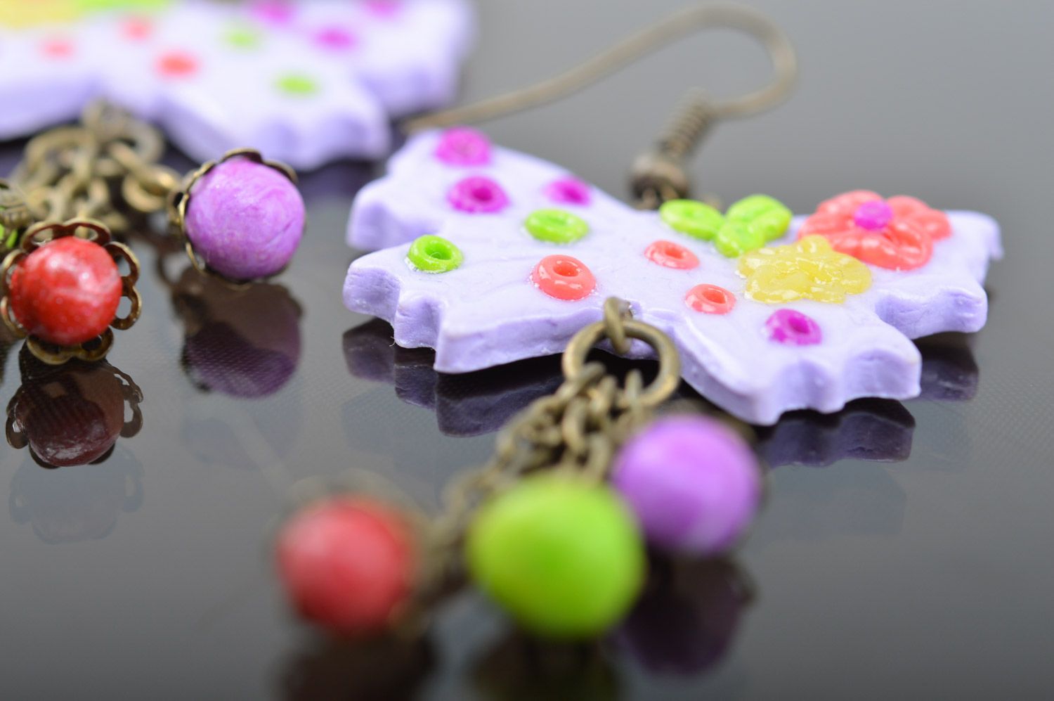 Handmade bright women's polymer clay earrings with charms in the shape of butterflies photo 4
