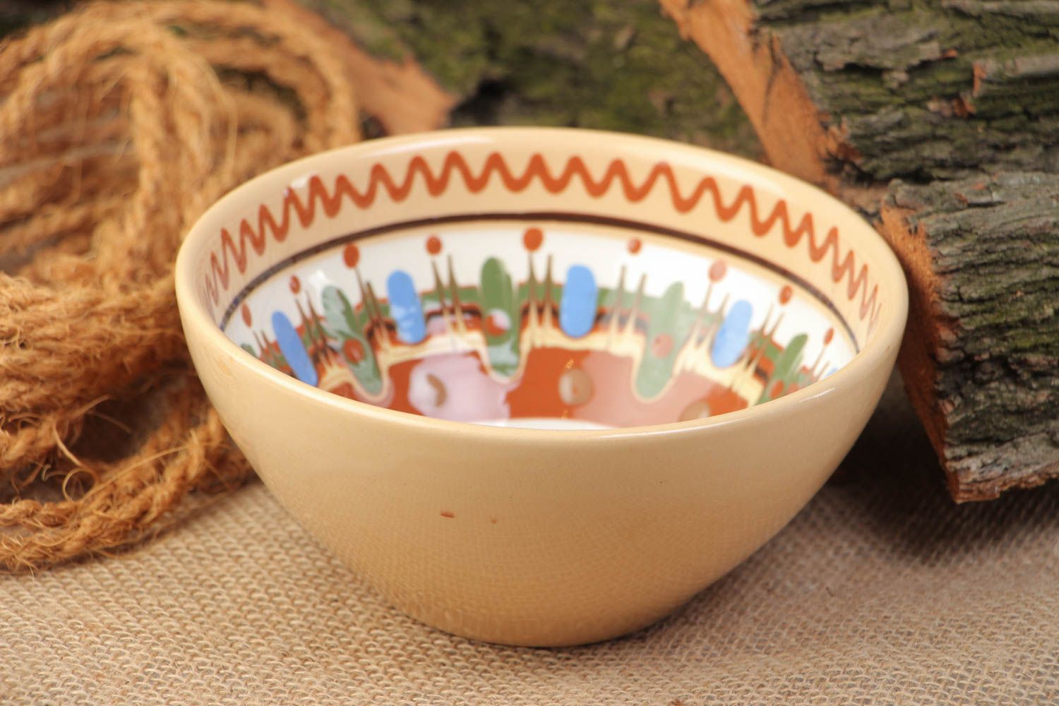 Light handmade clay deep bowl with colorful painting 400 ml photo 1
