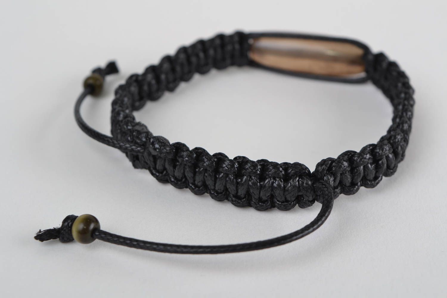 Handmade women's black woven waxed cord bracelet with agate stone and ties photo 4