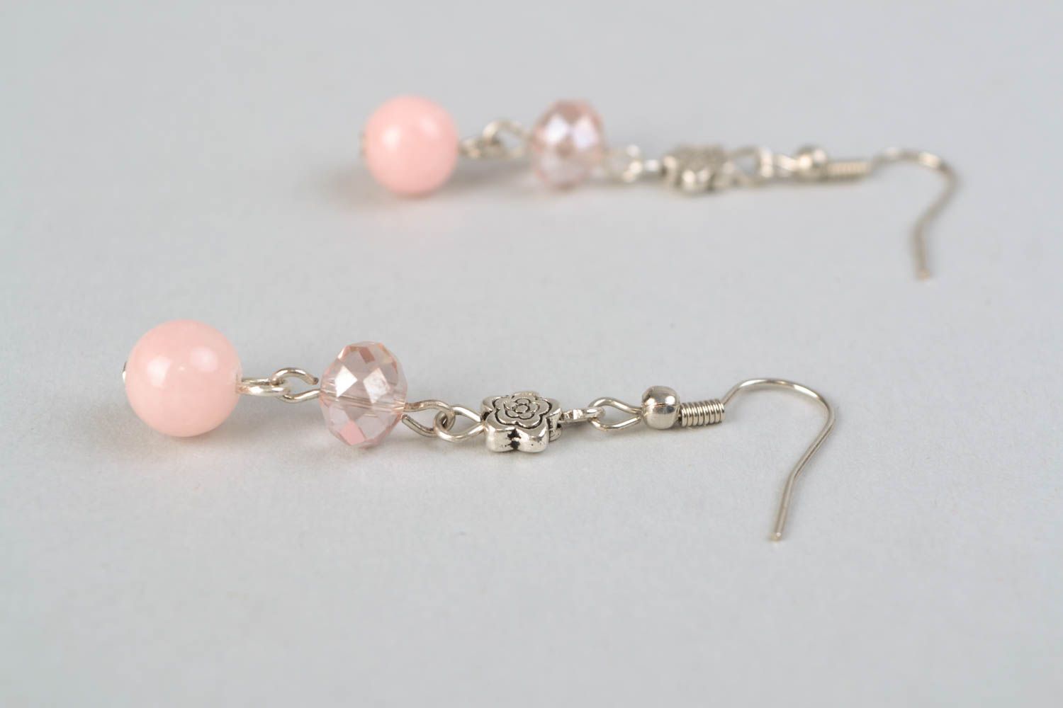 Metal earrings with pink quartz beads photo 5