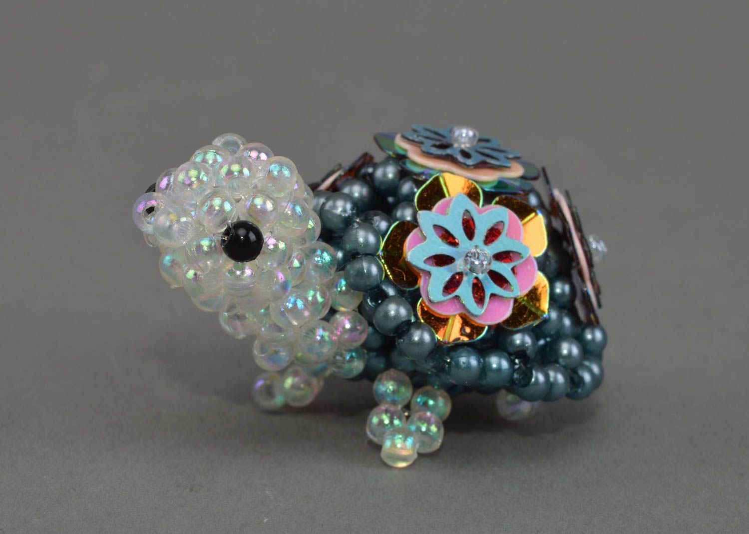 Beautiful small handmade designer figurine of turtle woven of beads for decor photo 3
