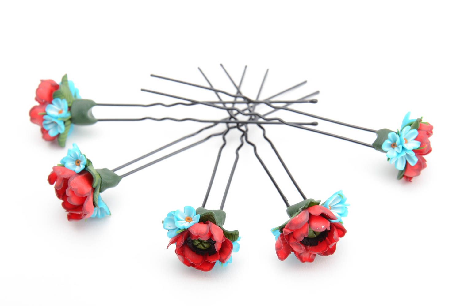 Set of 5 handmade decorative hair pins with polymer clay red and blue flowers photo 2