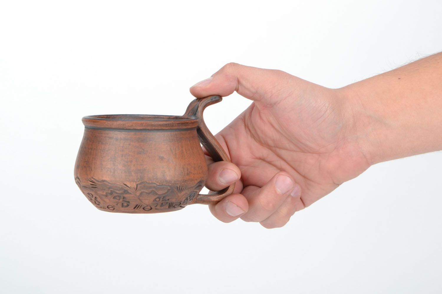 Art clay handmade brown pot-shape drinking cup with handle and rustic pattern photo 2