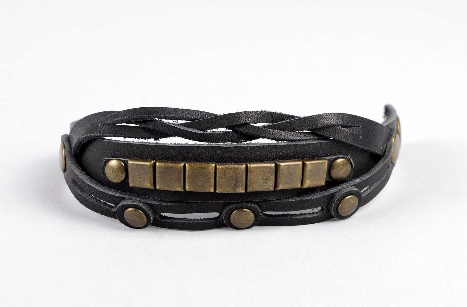 Bracelet design Bijou fait main vrai cuir noir rivets stylé Cadeau original photo 4