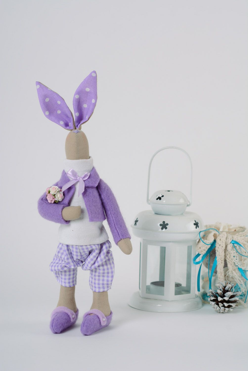 Cute handmade designer soft toy sewn of fabric Rabbit with violet ears  photo 1