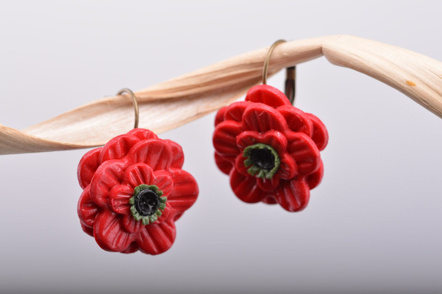Unusual festive polymer clay flower earrings in the shape of red poppies photo 5