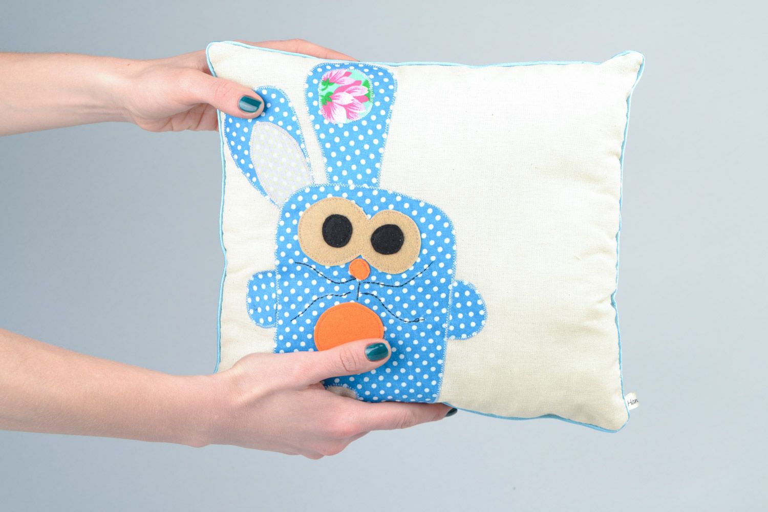 Handmade accent pillow sewn of cotton and linen with image of blue rabbit photo 2