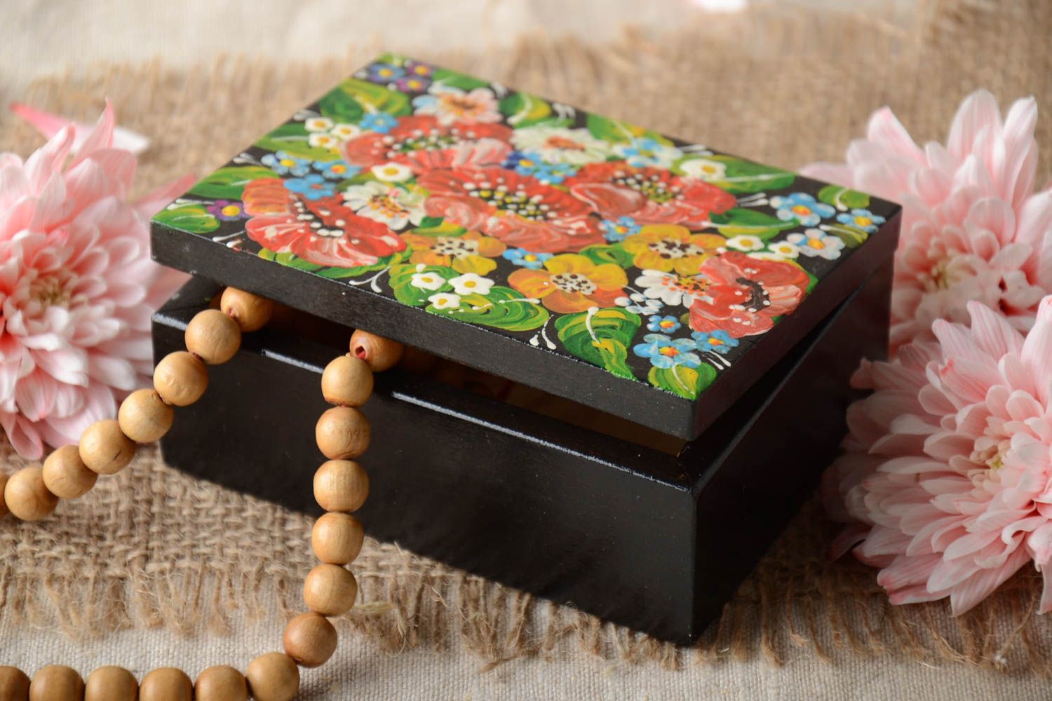 Beautiful rectangular handmade painted wooden jewelry box Petrikivka style photo 1