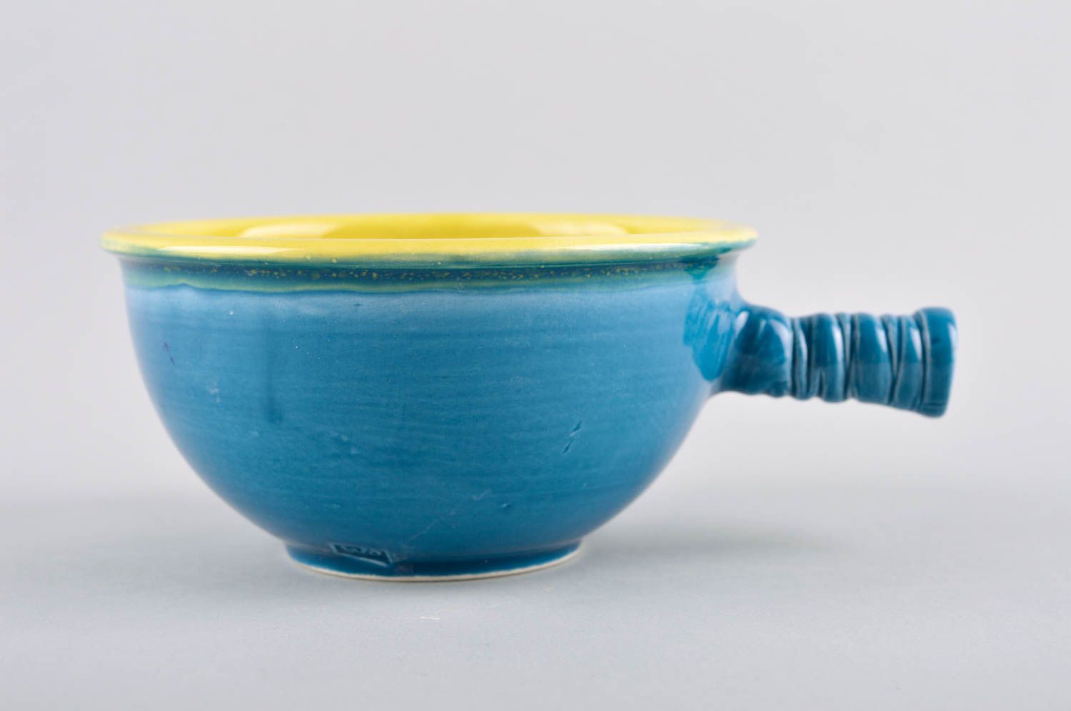 Ceramic blue and yellow color ceramic cup for kids with stick handle photo 3