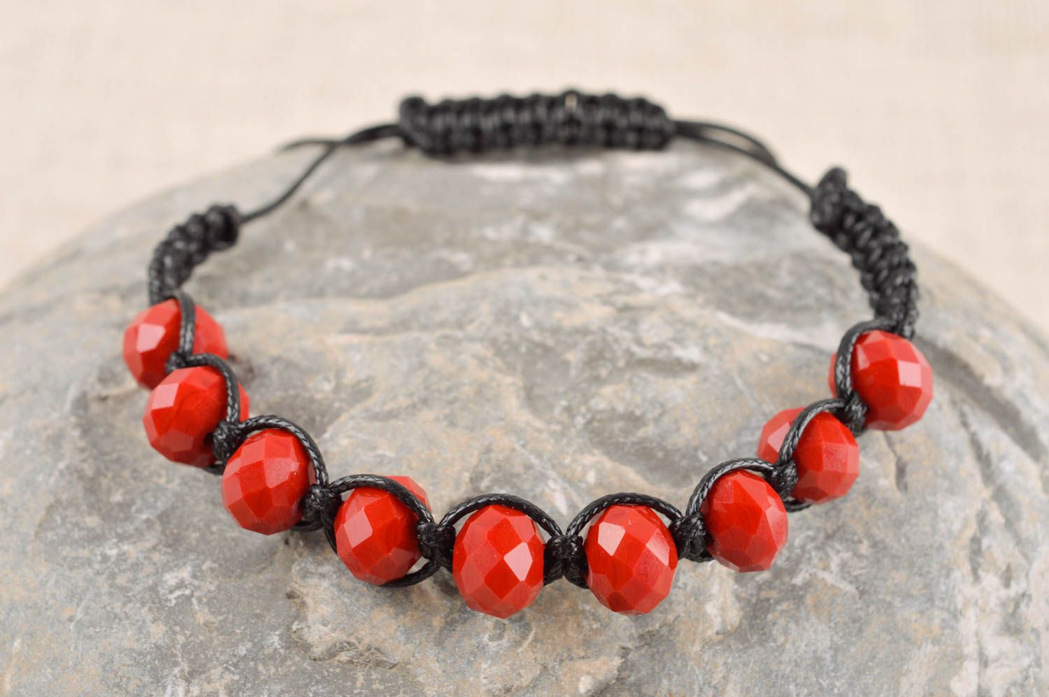 Black cord strand beaded bracelet in black and red color for teen girls photo 1