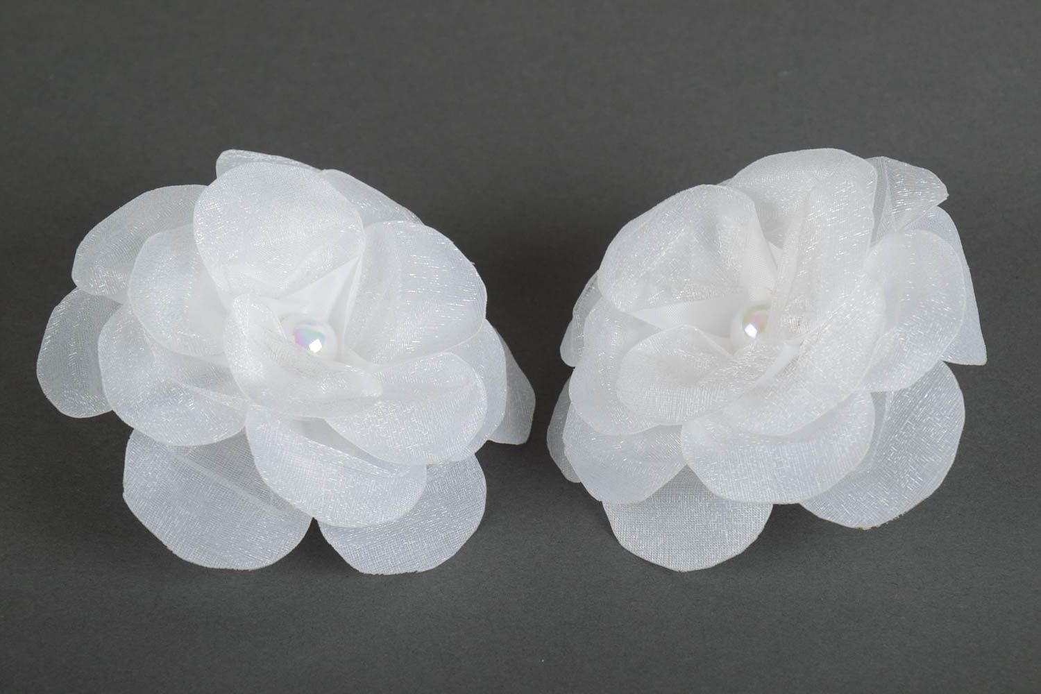 Set of 2 homemade designer hair ties with satin ribbon flowers in white color photo 5