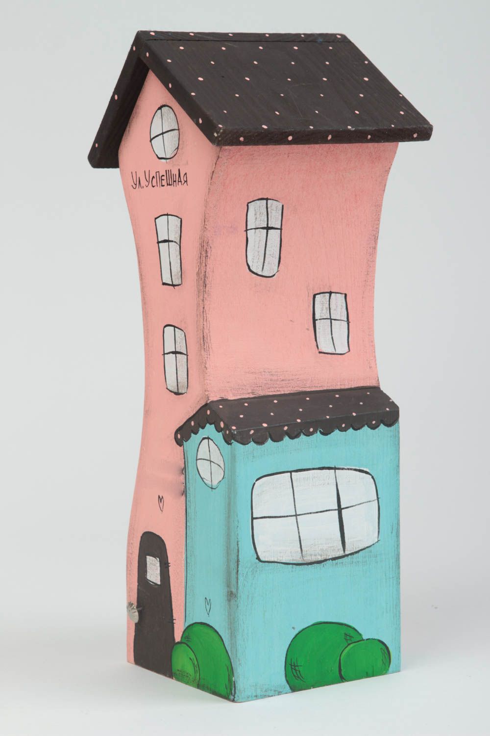 Maisonnette en bois fait main Petite statuette rose bleu design Déco intérieur photo 2