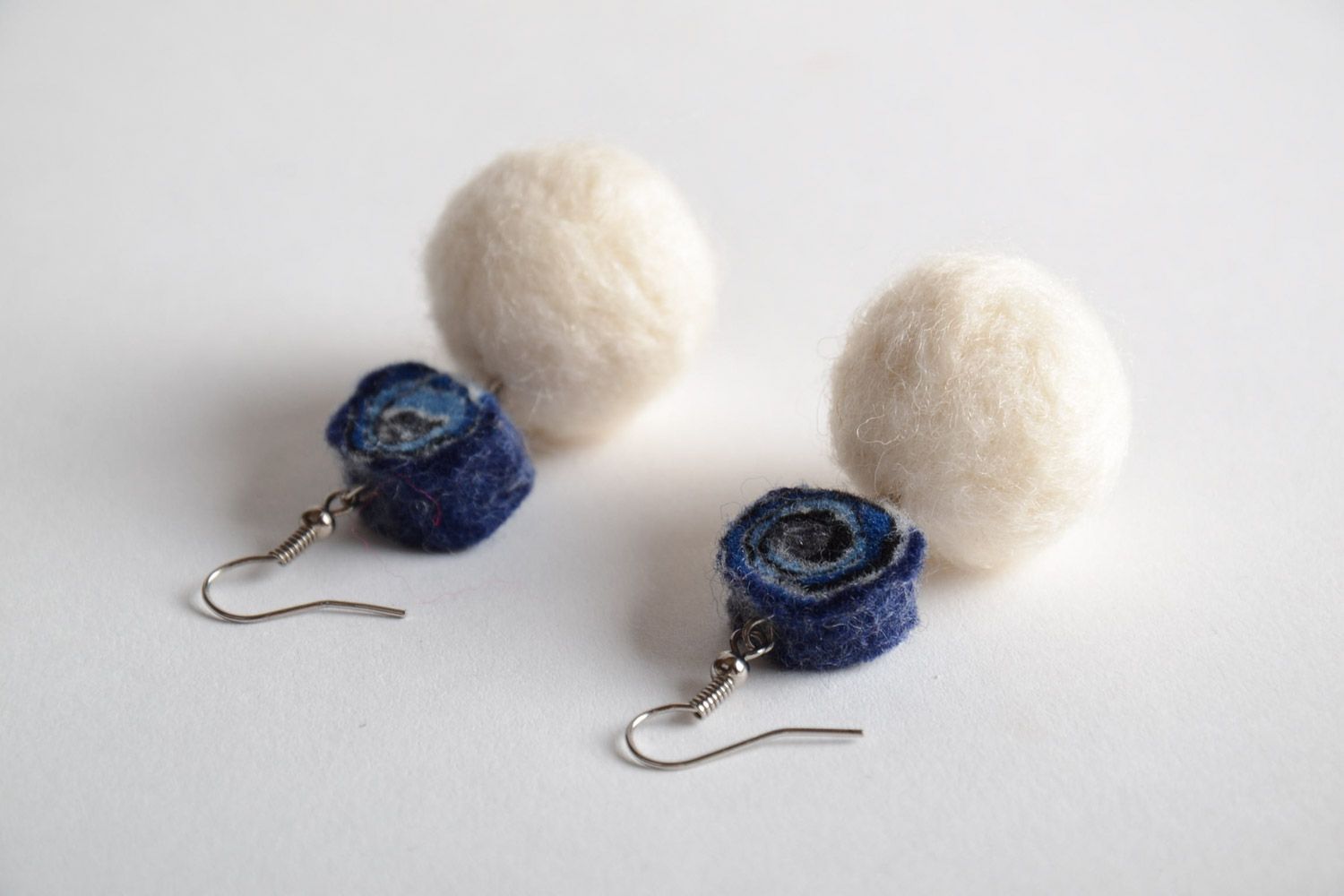 White and blue handmade long felted wool ball earrings for women photo 3