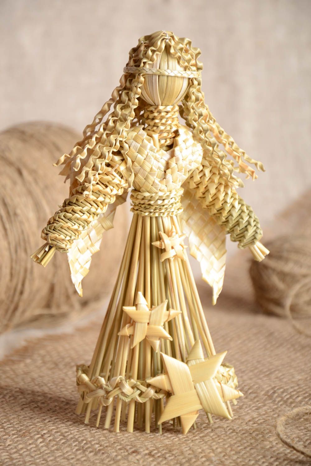 Decorative handmade toy unusual decor made of straw stylish statuette angel photo 1