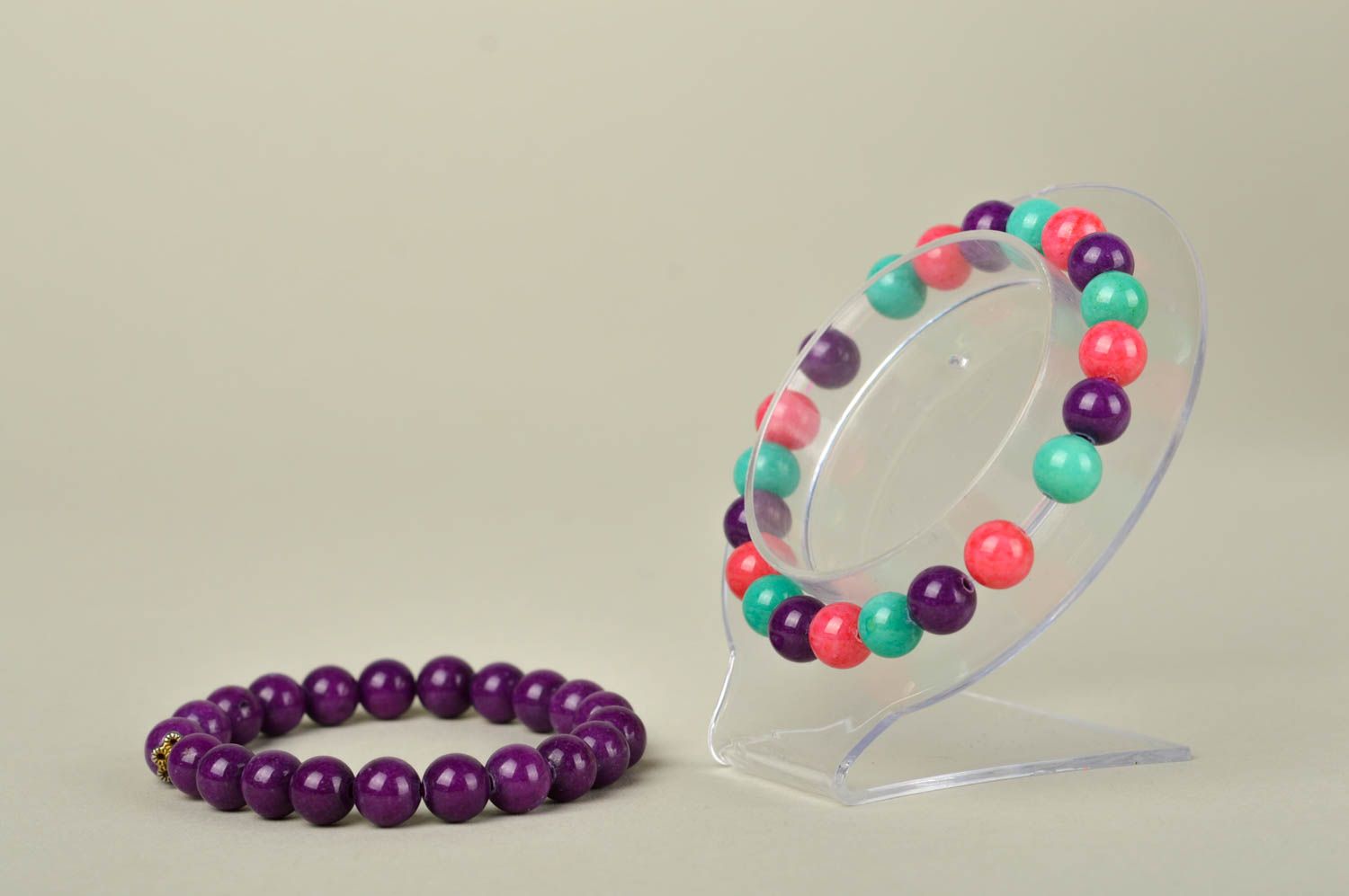 Two pieces, two-layer bracelet set of purple and multicolor beads photo 2