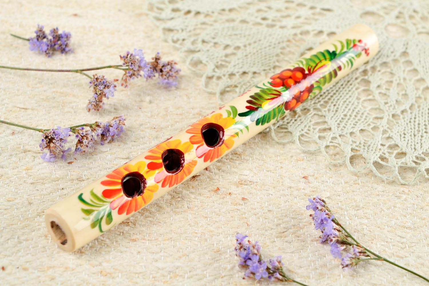 Handmade helle Holz Flöte Wohn Accessoire Blasinstrument aus Holz Sonnenblumen foto 1